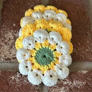 Handmade Yellow, White & Green Crochet Flower Coasters -Home Decorative 4 pc Set